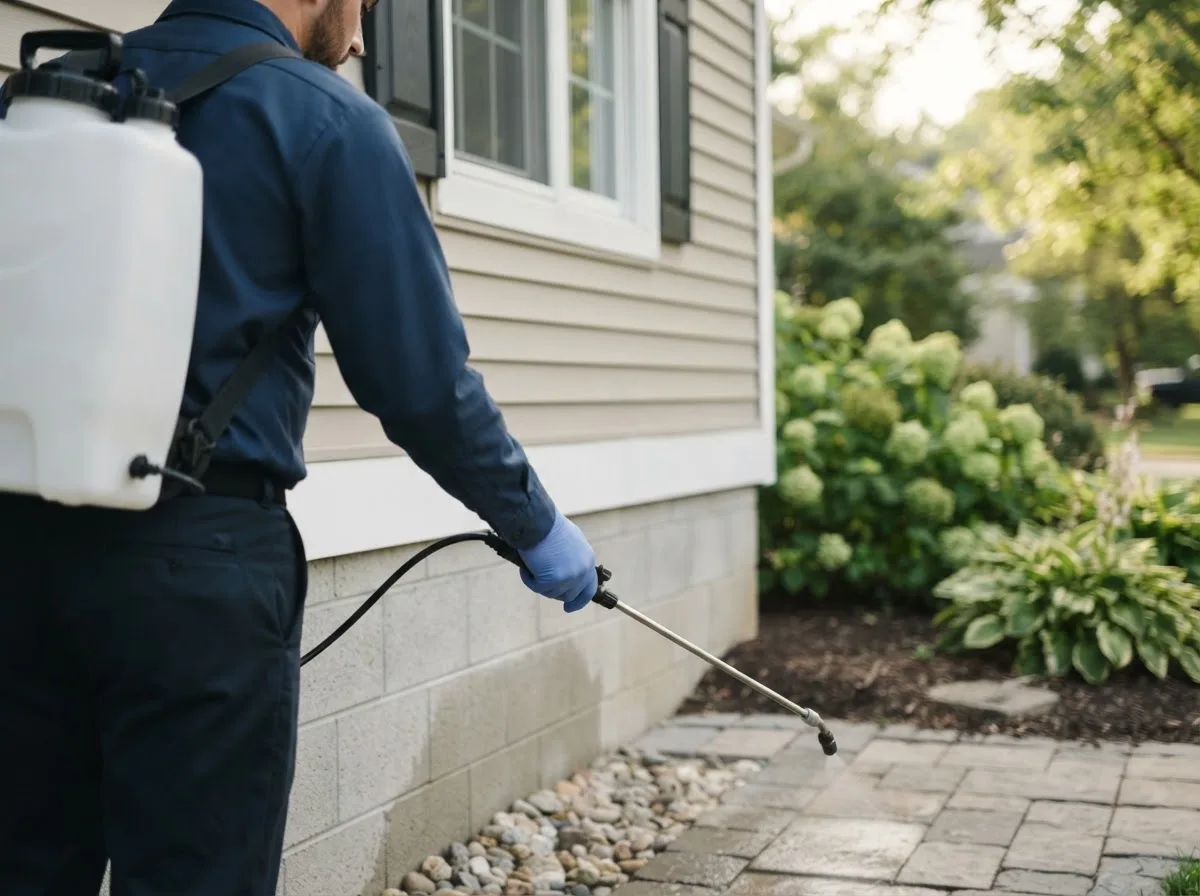 Pest control technician inspecting a home in Rising City, NE